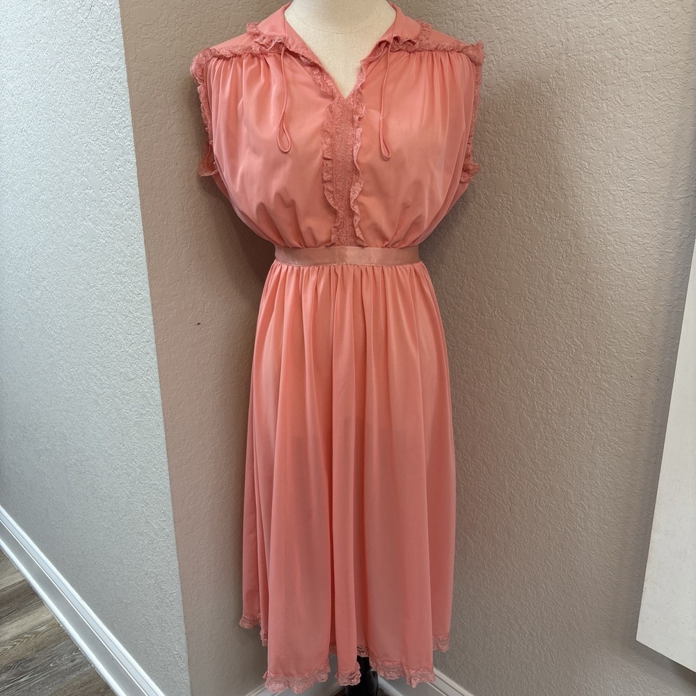 Vtg 50s 60s Carters DuPont Pink Nylon Nightgown Peignoir S/M Jr 15, 36 Bust EUC
